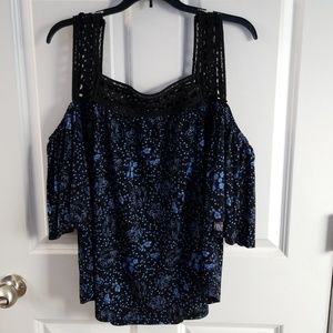 Blue and black cold shoulder blouse